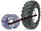 Aggressive 23x8-10 golf cart tires mounted on 10x7 12 spoke polished aluminum golf cart wheels