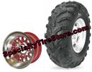 Aggressive 23x8-10 golf cart tires mounted on 10x7 14 spoke golf cart wheels with blue, gree, or red accents