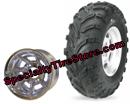 Aggressive 23x8-10 golf cart tires mounted on 10x7 7 curved spoke chromed aluminum golf cart wheels