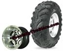 Aggressive 23x8-10 golf cart tires mounted on 10x7 Iron Cross with black accented aluminum golf cart wheels