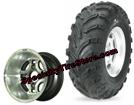 Aggressive 23x8-10 golf cart tires mounted on 10x7 Iron Cross with champagne accented aluminum golf cart wheels